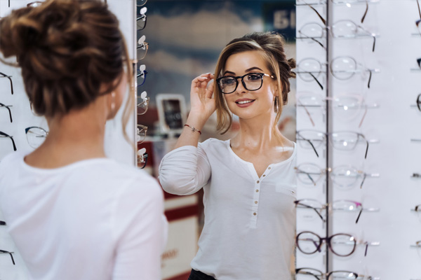 Woman wearing at an eyeglass fitting